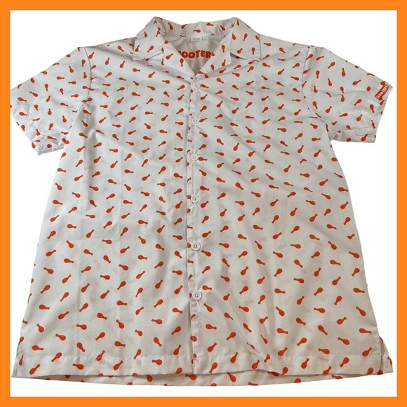 Hooters Camp Shirt Button Down Orange Chicken Drumstick Print - L - Picture 1 of 7